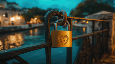 A golden padlock engraved with a heart hangs on a bridge railing at sunset. The tranquil water reflects soft evening light, creating a romantic atmosphere.の素材