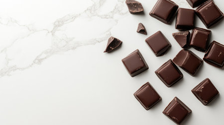 A stunning arrangement of dark chocolate pieces on a smooth marble surface, perfect for highlighting gourmet treats and indulgent desserts.の素材