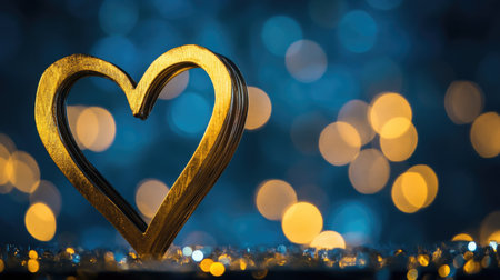 A golden heart shape stands out against a blurred blue background filled with warm lights, creating a festive and romantic atmosphere perfect for celebrations.の素材