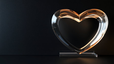 A stunning crystal heart sculpture sits on a dark surface, showcasing elegance and beauty. This captivating piece adds warmth and charm to any decor.の素材