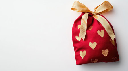 A lovely red fabric gift bag featuring golden heart patterns and a yellow ribbon bow. Perfect for romantic occasions, holidays, and special celebrations.の素材