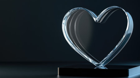 A stunning glass heart sculpture beautifully captures the essence of romance and love, set against a dark background. This elegant piece is ideal for decoration or as a thoughtful gift.の素材