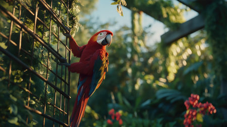 A stunning scarlet macaw perched gracefully on a metal structure amidst a lush garden. Its vibrant feathers contrast beautifully with the surrounding greenery, creating a serene tropical atmosphere.の素材