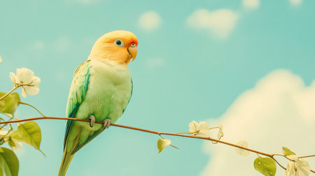 A vibrant bird sits gracefully on a branch, set against a serene sky adorned with soft clouds. This enchanting scene captures the essence of nature's beauty.の素材
