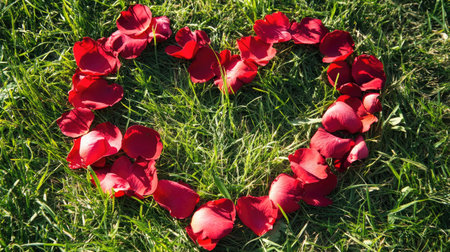 A beautiful heart shape created with fresh red rose petals laid on lush green grass. Perfect for themes of love, romance, and celebration moments.の素材