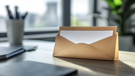 Close-up of an elegant brown envelope resting on a wooden desk, featuring blank paper, perfect for communication and creative workspace inspiration.の素材