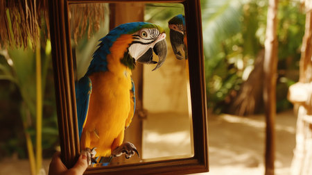 A vibrant macaw parrot gazes at its reflection in a mirror, surrounded by lush greenery. This captivating moment captures the beauty of the tropical wildlife and its colorful feathers.の素材