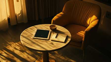 A serene workspace featuring a cozy chair, a tablet, a notebook, and a cup, bathed in warm sunlight and soft shadows, creating a tranquil atmosphere.の素材