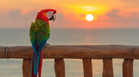 A striking scarlet macaw perches on a wooden railing, gazing at a stunning sunset over the ocean. The vibrant colors of the bird and the tranquil waters create a serene tropical scene.の素材