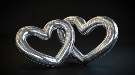 Two shiny metallic hearts on a dark background symbolize love and connection. Ideal for Valentine's Day or romantic themes in art and design projects.の素材