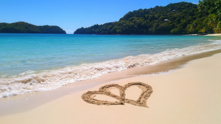 A serene tropical beach scene showcasing a heart shape drawn in soft sand, with gentle waves lapping at the shore and clear blue waters stretching into the horizon.の素材