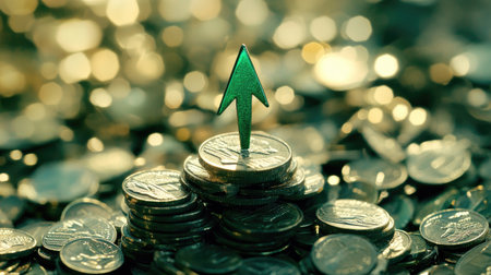 This visual representation features a green arrow positioned atop a stack of coins, symbolizing financial growth and investment success in a blurred background.の素材