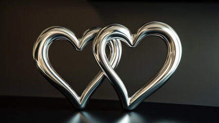 This artistic representation features two intertwined silver hearts set against a dark background, symbolizing love and unity. Perfect for decoration and inspiration.の素材