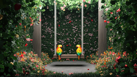 Two vibrant parrots sit on a swing in a floral garden, creating a serene and colorful atmosphere. This peaceful setting invites relaxation and joy.の素材