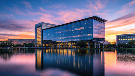 A modern office building reflects beautifully in calm water during a stunning sunset. This serene scene captures vibrant colors, creating an inspiring urban landscape.の素材
