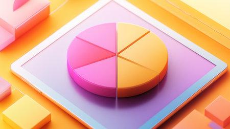 A vibrant pie chart on a digital tablet showcases data visualization within an energetic and abstract background, ideal for business and technology presentations.の素材