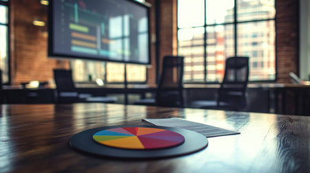A modern office meeting room showcasing a colorful chart on a wooden table, with a large screen featuring data analytics in the background.の素材