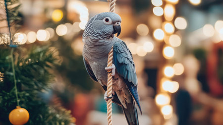 A charming blue parrot hangs from a rope, set against a beautifully blurred backdrop of warm bokeh lights. This vibrant image captures the playful essence of exotic wildlife.の素材