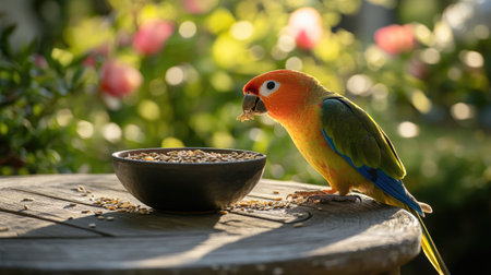 A vibrant bird enjoys seeds from a bowl in a sunny garden setting. This beautiful scene captures the essence of nature and wildlife in a lively outdoor environment.の素材