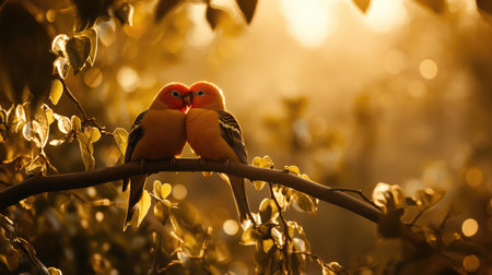 Two vibrant birds share a tender moment perched together on a tree branch, illuminated by warm golden light. This serene scene captures the essence of love and harmony in nature.の素材