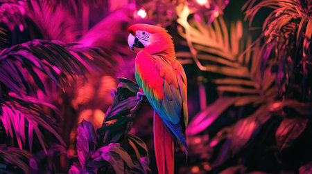 A stunning portrait of a vibrant macaw perched amidst lush tropical foliage. The colorful bird contrasts beautifully with the enchanting dusk lighting, creating a serene atmosphere.の素材