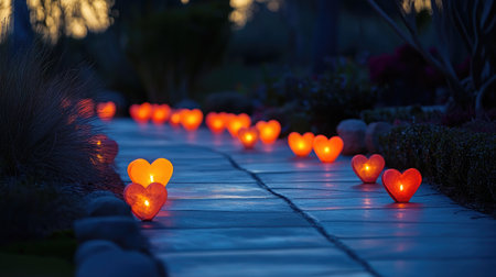 A serene evening pathway illuminated by glowing heart-shaped lanterns. This charming scene evokes feelings of romance and tranquility, perfect for celebrations.の素材