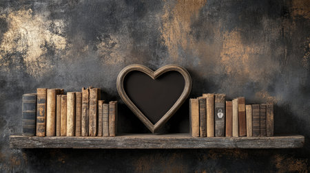 A charming rustic shelf featuring vintage books and a heart-shaped frame. The warm tones and textures evoke nostalgia, perfect for cozy home decor.の素材
