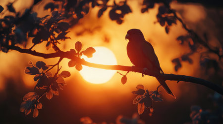 A serene silhouette of a bird perched on a branch during sunset, with beautiful flowers nearby. The warm tones of the setting sun create a tranquil atmosphere.の素材