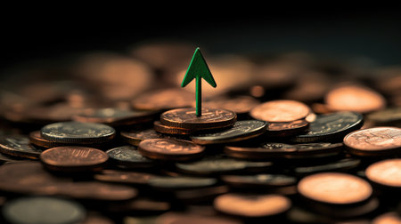 This image features a green arrow symbolizing growth, standing out on a pile of coins, representing financial success and investment opportunities.の素材