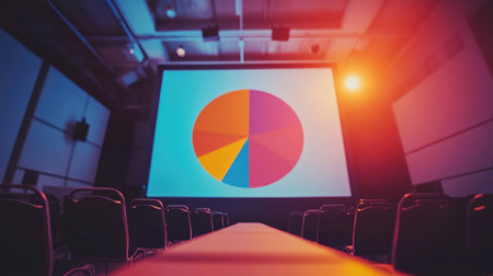 A modern conference room with a pie chart displayed on a large screen. The image illustrates a professional setting for business meetings and presentations.の素材