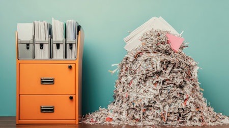 A bright office scene featuring a vibrant orange filing cabinet beside a large pile of shredded documents. Perfect for illustrating clutter, organization, and office management themes.の素材