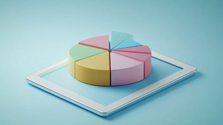A vibrant pie chart rests on a tablet screen, showcasing data analysis. The soft blue background enhances the presentation of this modern business visual.の素材