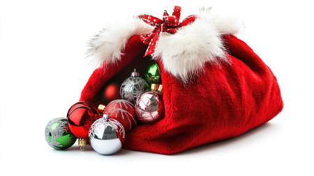A vibrant red Christmas bag with white fur trim spills colorful ornaments, perfect for holiday festivities and decorations, adding a festive touch to any setting.の素材