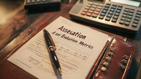 A detailed assessment document ready for evaluation sits on a wooden table beside a calculator and a pen, highlighting the importance of accurate analysis in business.の素材
