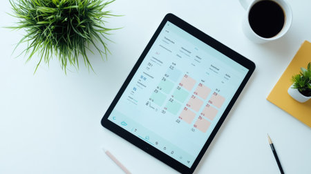 A sleek tablet displaying a calendar sits on a modern desk with a coffee cup and small plants. This setup is perfect for showcasing productivity and style.の素材