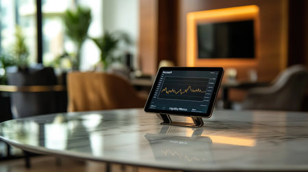 A sleek digital tablet showcasing financial data sits on a contemporary coffee table in a modern office setting, highlighting business analytics and productivity.の素材