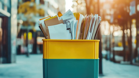 A colorful trash bin filled with papers and documents stands prominently in an urban setting, highlighting the importance of waste management and cleanliness in city environments.の素材