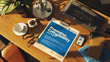 Bright office workspace featuring a promotional flyer, coffee cup, and keyboard on a wooden table. Ideal for business, promotion, and workspace themes.の素材