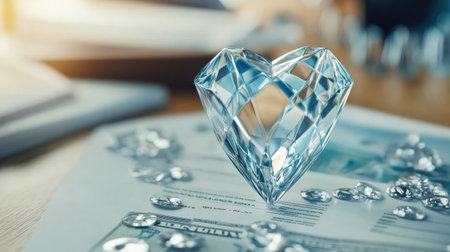 A stunning crystal heart rests on textured paper, surrounded by shimmering gems. This elegant composition captures beauty and luxury, perfect for romantic themes.の素材