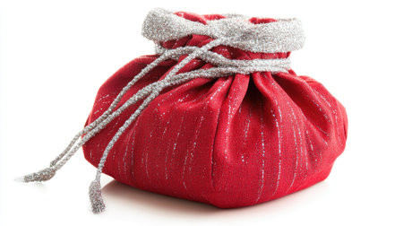 A beautiful red gift bag with silver accents, perfect for holidays. This elegant accessory adds charm to any occasion, making gift-giving special.の素材