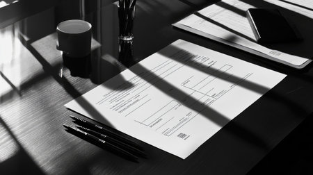 A monochrome image of a workspace featuring a document on a wooden table, surrounded by shadows and minimalist stationery, evoking a calm and organized atmosphere.の素材