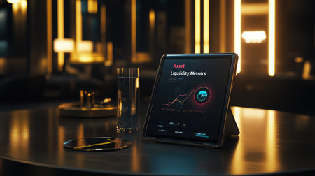 A sleek digital tablet displays liquidity metrics against a dark background. The modern setup highlights financial data analysis in a sophisticated workspace.の素材