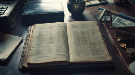 An open vintage ledger rests on a wooden desk, surrounded by various stationery items. The warm tones and soft focus evoke a nostalgic atmosphere, perfect for themes of organization and history.の素材