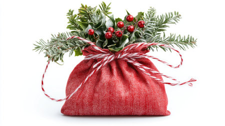 This charming red bag showcases a delightful arrangement of festive foliage and red berries, perfect for adding a seasonal touch to any holiday decor.の素材
