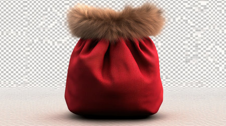 A vibrant red fabric bag featuring a soft fur trim, ideal for holiday themes or festive occasions. Perfect for gift presentations or decorative use.の素材