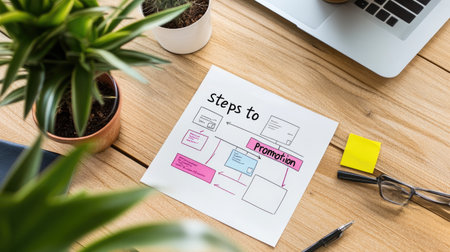 A flowchart outlining steps to promotion placed on a wooden desk, complemented by plants and a computer, illustrating a creative workspace for planning and strategy.の素材