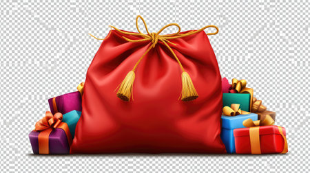 A vibrant red bag sits amidst an array of colorful gifts adorned with bows, perfect for conveying the spirit of celebration and holiday cheer.の素材