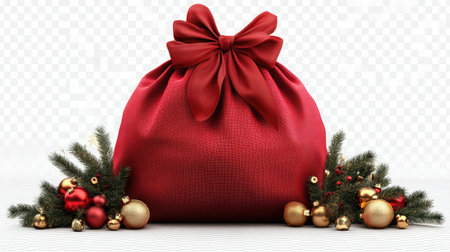 A large red gift bag adorned with a bow, surrounded by ornaments and pine. This festive image captures the essence of holiday joy and presents. Perfect for seasonal celebrations.の素材