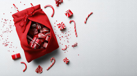 A vibrant red bag filled with delightful Christmas candies and small gifts surrounded by festive decor. Perfect for holiday celebrations and gatherings.の素材