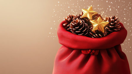 A vibrant red bag filled with golden stars and pine cones, perfect for holiday decoration. This cozy scene captures the warmth and joy of the festive season beautifully.の素材